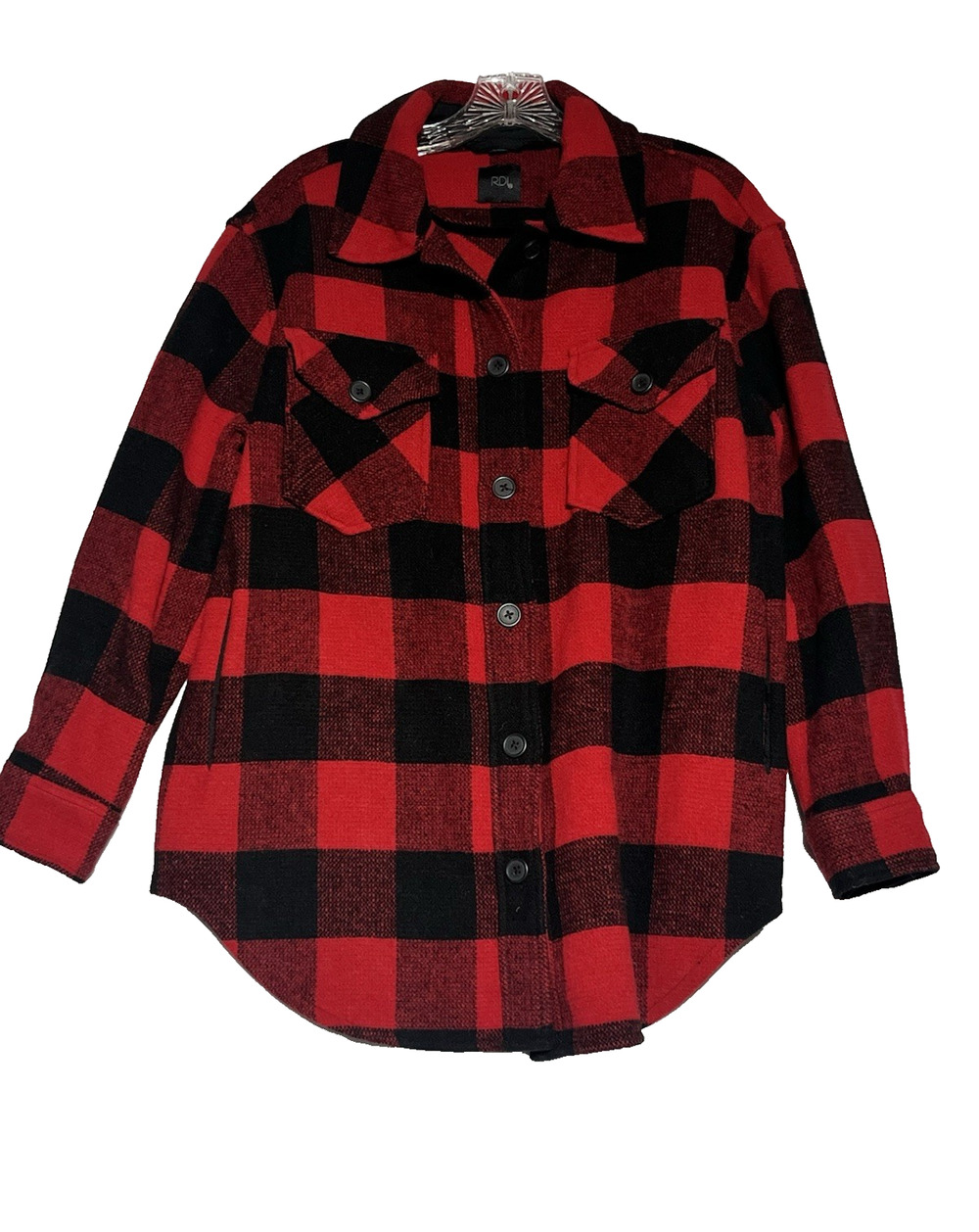 RDI Button Up Shirt Jacket Mens Medium Red Black Buffalo Plaid Wool Blend Heavy